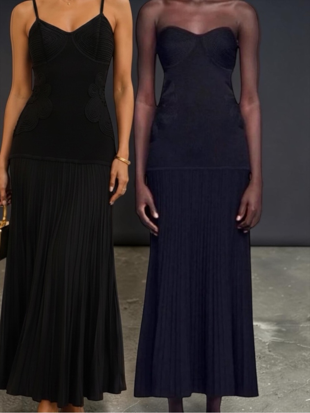 👀 Camila Coelho Pleated Embroidered Sweetheart Bodice Midi Maxi Dress Black NWT
